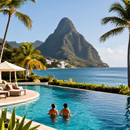 Caribbean Holidays, Saint Lucia All Inclusive, Guests enjoying a stylish Saint Lucia all-inclusive resort pool overlooking the Caribbean Sea, with tropical gardens and sunshine