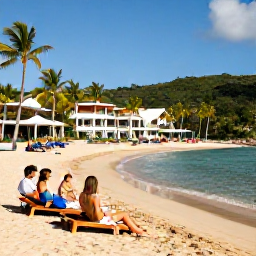 Caribbean Holidays, Saint Lucia All Inclusive, Guests relaxing on a golden Saint Lucia beach with palm trees, clear water, sun loungers and a modern all-inclusive resort nearby