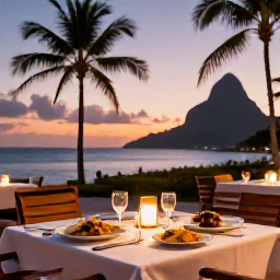 Caribbean Holidays, Saint Lucia All Inclusive, Outdoor dining at a Saint Lucia all-inclusive resort at sunset, Caribbean dishes, soft lighting, palm trees and sea view