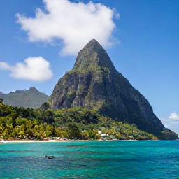 Caribbean Holidays, Saint Lucia All Inclusive, The Pitons rising above a lush Saint Lucia coastline, tropical forest, clear sea and a small boat on the water