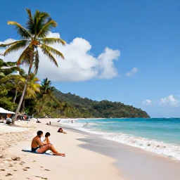 Caribbean Holidays, Saint Lucia All Inclusive, Travellers relaxing on a sandy Saint Lucia beach with palm trees, gentle waves, bright blue sky and lush tropical landscape