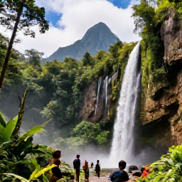 Caribbean Holidays, Saint Lucia All Inclusive, Visitors exploring the lush interior of Saint Lucia near a waterfall and rainforest, with the Pitons visible in the distance