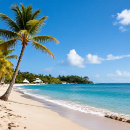 Caribbean Holidays, Saint Lucia April, Bright Caribbean beach in Saint Lucia in April, calm turquoise sea, palm trees and a relaxed all-inclusive resort atmosphere