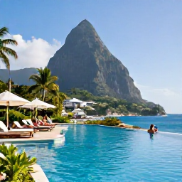 Caribbean Holidays, Saint Lucia April, Elegant all-inclusive resort in Saint Lucia with an infinity pool, tropical gardens, loungers and guests enjoying a peaceful April afternoon