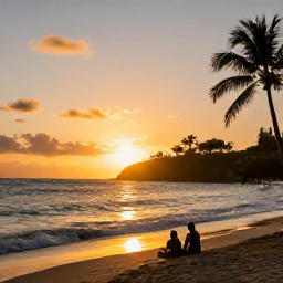 Caribbean Holidays, Saint Lucia April, Saint Lucia beach at sunset with golden light, gentle waves, palm silhouettes and a couple enjoying a peaceful evening