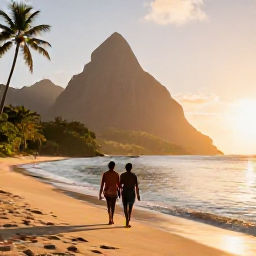 Caribbean Holidays, Saint Lucia August, A couple walking on a golden beach in Saint Lucia at sunset, with calm Caribbean water and palm trees