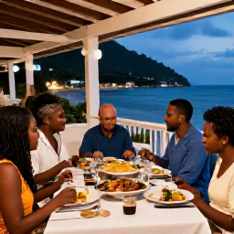 Caribbean Holidays, Saint Lucia August, A family eating a relaxed Caribbean dinner at an open-air restaurant in Saint Lucia, with local dishes and a warm evening atmosphere