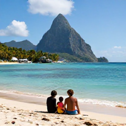 Caribbean Holidays, Saint Lucia August, A family enjoying a sunny beach in Saint Lucia during August, with calm turquoise water, palm trees and the Pitons in the distance