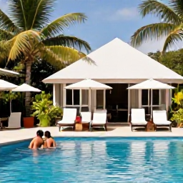 Caribbean Holidays, Saint Lucia August, A family relaxing beside a comfortable Saint Lucia hotel pool in August, surrounded by tropical gardens and bright Caribbean sunshine