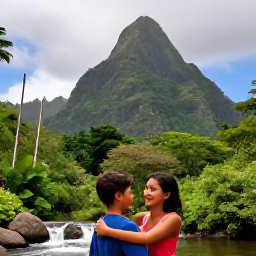 Caribbean Holidays, Saint Lucia August, A family sightseeing in Soufriere, Saint Lucia, with the green Pitons, tropical vegetation and a gentle waterfall nearby