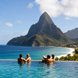 Caribbean Holidays, Saint Lucia August, Adults relaxing beside an infinity pool overlooking the Caribbean Sea at a peaceful Saint Lucia resort