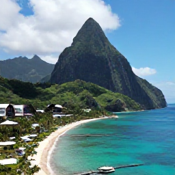 Caribbean Holidays, Saint Lucia August, Aerial view of Saint Lucia&rsquo;s green volcanic mountains, turquoise sea and a luxury all-inclusive resort along the coast