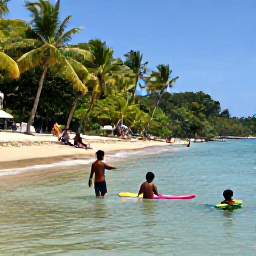 Caribbean Holidays, Saint Lucia August, Children paddling in shallow clear water on a sandy Saint Lucia beach while parents relax nearby under palm trees