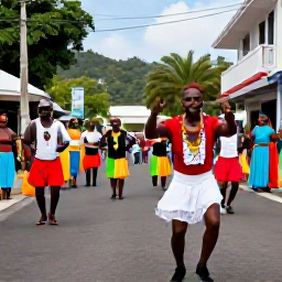 Caribbean Holidays, Saint Lucia August, Colourful Saint Lucia cultural festival in August with local dancers, musicians and visitors in a lively Caribbean street setting