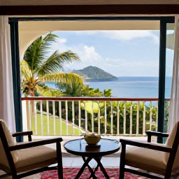 Caribbean Holidays, Saint Lucia August, Comfortable adults-only Saint Lucia resort room with balcony, tropical garden and distant sea view