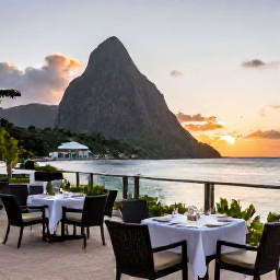 Caribbean Holidays, Saint Lucia August, Elegant adults-only resort restaurant at sunset with tables overlooking the Caribbean in Saint Lucia