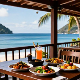 Caribbean Holidays, Saint Lucia August, Fresh Caribbean dishes and tropical drinks served at an open-air restaurant overlooking the sea in Saint Lucia