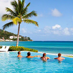Caribbean Holidays, Saint Lucia August, Guests relaxing beside an infinity pool at a Saint Lucia all-inclusive resort, with palm trees and the Caribbean Sea in the background