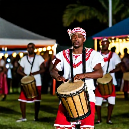 Caribbean Holidays, Saint Lucia August, Saint Lucia cultural performers in traditional dress playing drums and dancing at an outdoor August celebration