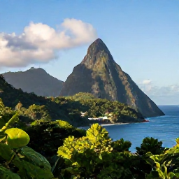 Caribbean Holidays, Saint Lucia August, The Pitons rising above lush rainforest and the sea near Soufri&egrave;re, Saint Lucia, photographed in clear morning light