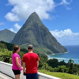 Caribbean Holidays, Saint Lucia August, Travellers exploring Saint Lucia in August, with the Pitons, rainforest and Caribbean coastline visible in the background