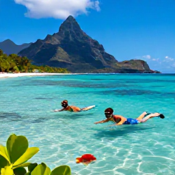 Caribbean Holidays, Saint Lucia Beaches, A couple snorkelling in clear water off a Saint Lucia beach, with colourful reef fish, tropical plants and a volcanic mountain coastline