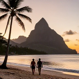 Caribbean Holidays, Saint Lucia Beaches, A couple walking along a peaceful Saint Lucia beach at sunset in May, with warm light on the sea, palm silhouettes and the Pitons in the background
