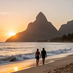 Caribbean Holidays, Saint Lucia Beaches, A couple walking along a Saint Lucia beach at sunset with the Pitons silhouetted in the distance