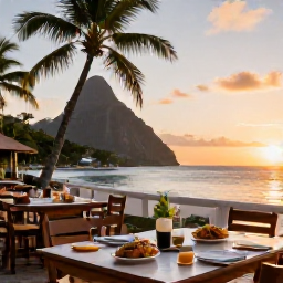 Caribbean Holidays, Saint Lucia Beaches, A friendly beachfront restaurant in Saint Lucia at sunset in June, serving fresh Caribbean food with the sea and palm trees in the background