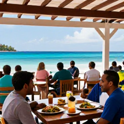 Caribbean Holidays, Saint Lucia Beaches, A friendly Saint Lucian beachside restaurant serving fresh local food, with diners enjoying sea views beneath a shaded terrace