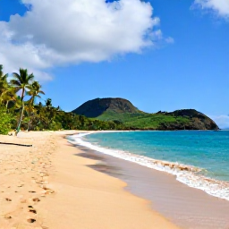 Caribbean Holidays, Saint Lucia Beaches, A panoramic view of a quiet Saint Lucia beach in June, with golden sand, turquoise Caribbean water, palm trees and green volcanic hills