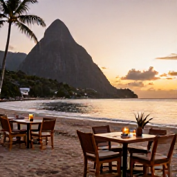 Caribbean Holidays, Saint Lucia Beaches, A relaxed beachfront restaurant in Saint Lucia at sunset, tables beside the sand, tropical drinks and warm evening light