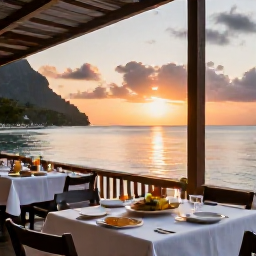 Caribbean Holidays, Saint Lucia Beaches, A relaxed Saint Lucia seaside restaurant at sunset, with tables, local Caribbean food and a glowing view across the bay