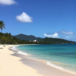 Caribbean Holidays, Saint Lucia Beaches, A sunny Saint Lucia beach in April with clear turquoise water, pale sand, palm trees and distant green mountains
