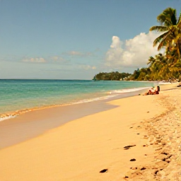 Caribbean Holidays, Saint Lucia Beaches, A wide golden beach in Saint Lucia with calm turquoise water, palm trees and a couple relaxing beside the shore in warm May sunshine