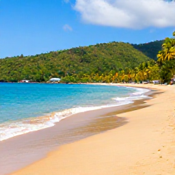 Caribbean Holidays, Saint Lucia Beaches, A wide tropical beach in Saint Lucia with calm turquoise water, soft golden sand, palm trees and lush green hills in the background