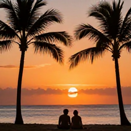 Caribbean Holidays, Saint Lucia Beaches, Couple enjoying a sunset on a Saint Lucia beach, with palm silhouettes, warm orange light and the Caribbean Sea