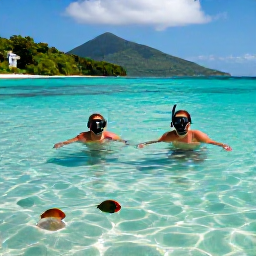 Caribbean Holidays, Saint Lucia Beaches, Couple snorkelling in clear shallow water off a Saint Lucia beach with colourful tropical fish and a green coastline in the background
