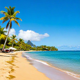 Caribbean Holidays, Saint Lucia Beaches, Golden sandy beach on Saint Lucia with calm turquoise water, palm trees and a clear blue March sky
