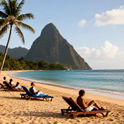 Caribbean Holidays, Saint Lucia Beaches, Reduit Beach in Saint Lucia with calm blue sea, golden sand, sun loungers and families enjoying a relaxed tropical afternoon