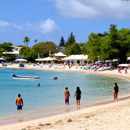 Caribbean Holidays, Saint Lucia Beaches, Reduit Beach in Saint Lucia with families swimming, sun loungers, small boats and a lively but relaxed Caribbean atmosphere