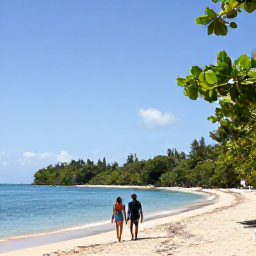 Caribbean Holidays, Saint Lucia Beaches, Relaxed couple walking along Reduit Beach in Saint Lucia, with calm sea, tropical greenery and a clear blue sky