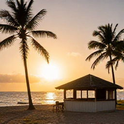 Caribbean Holidays, Saint Lucia Beaches, Saint Lucia beach at sunset in February, with a small beach bar, warm evening light and silhouettes of palm trees