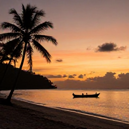 Caribbean Holidays, Saint Lucia Beaches, Saint Lucia sunset over a quiet beach with warm orange sky, calm sea, silhouettes of palm trees and a small fishing boat