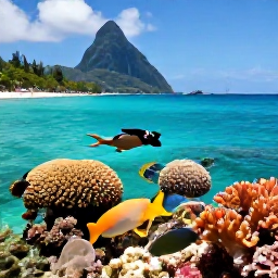 Caribbean Holidays, Saint Lucia Beaches, Snorkeller discovering colourful fish and coral in the clear waters off Saint Lucia, with a tropical beach visible behind