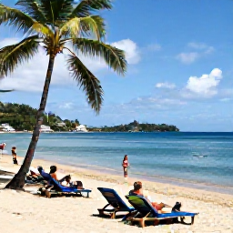 Caribbean Holidays, Saint Lucia Beaches, Travellers relaxing on Reduit Beach in Saint Lucia during June, with calm blue sea, sun loungers, palm trees and Gros Islet in the distance
