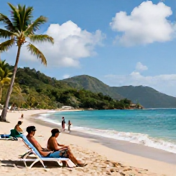 Caribbean Holidays, Saint Lucia Beaches, Travellers relaxing on Reduit Beach in Saint Lucia, gentle waves, sun loungers, palm trees and the green hills of the island beyond