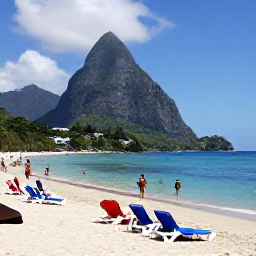 Caribbean Holidays, Saint Lucia Beaches, Visitors relaxing on Reduit Beach in Saint Lucia, with sun loungers, calm blue water and the Pitons visible in the distance