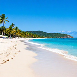 Caribbean Holidays, Saint Lucia Beaches, Wide sandy Caribbean beach in Saint Lucia with clear turquoise water, palm trees and distant green hills under bright sunshine