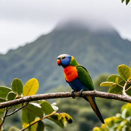 Caribbean Holidays, Saint Lucia Birdwatching, A colourful Saint Lucia parrot perched on a branch in lush rainforest, with misty green mountains in the background